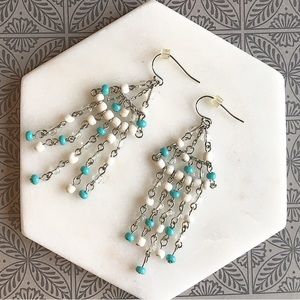 Faux pearl & turquoise chandelier earrings